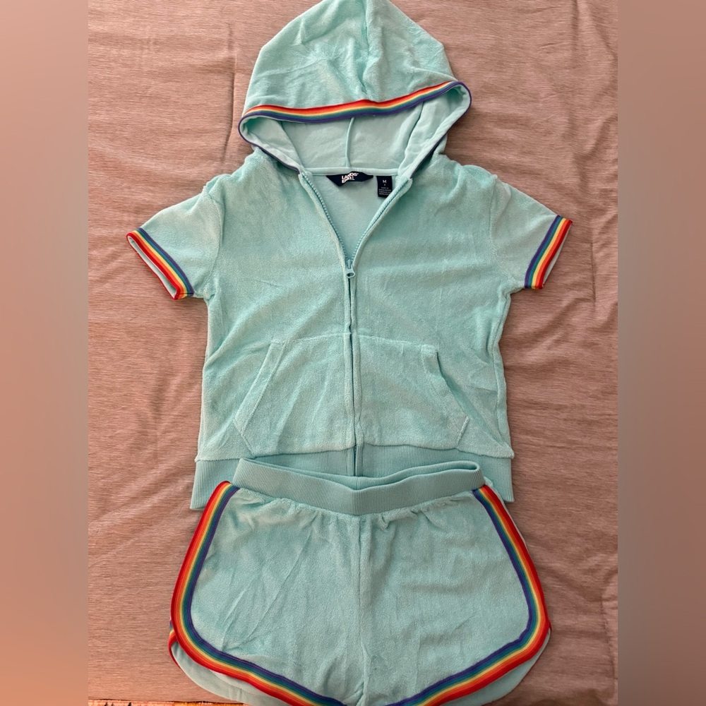 Lands' End Aqua Terry Hoodie & Shorts Set with Rainbow Accents